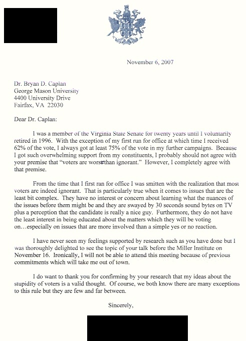 Senator X's Amazing Letter to Me