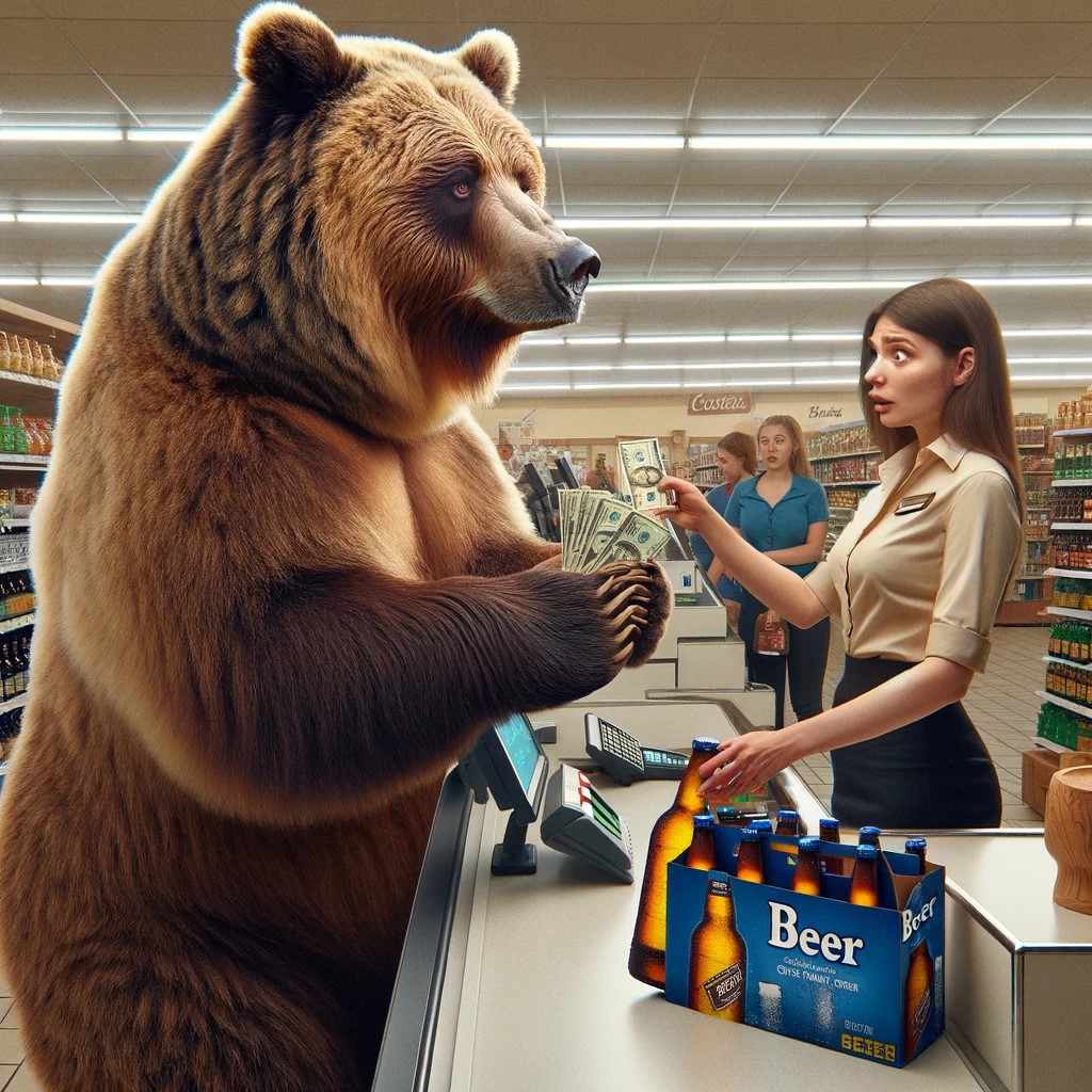 A bear having to pay for its beer at the check-out counter, proving that not only human costs exist