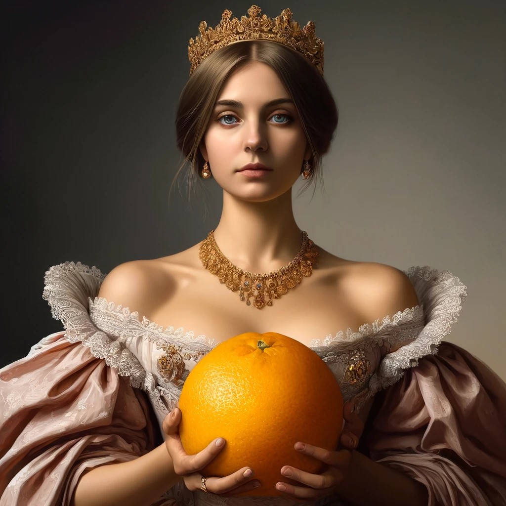 DALL-E rather creative interpretation of Princess Mathilde (PL helped with the orange) from an 1861 portrait by Édouard Dubufe