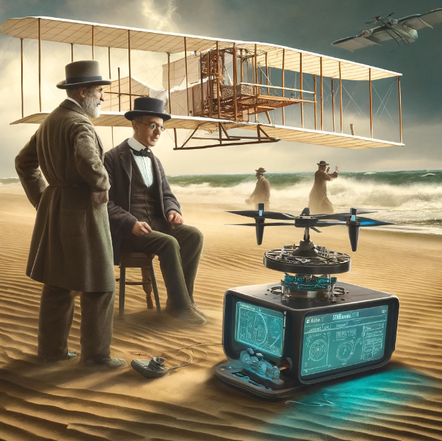 Image created via DALL-E3 with prompt "create a drawing of the wright brothers using AI to help them with their first flight"